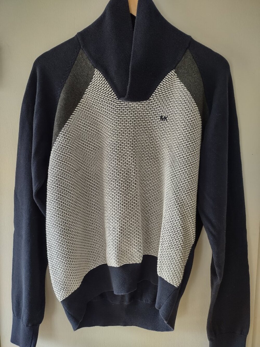 Michael Kors Sweater Mens Large Shawl Collar Colorblock Knit Navy Gray MK Logo